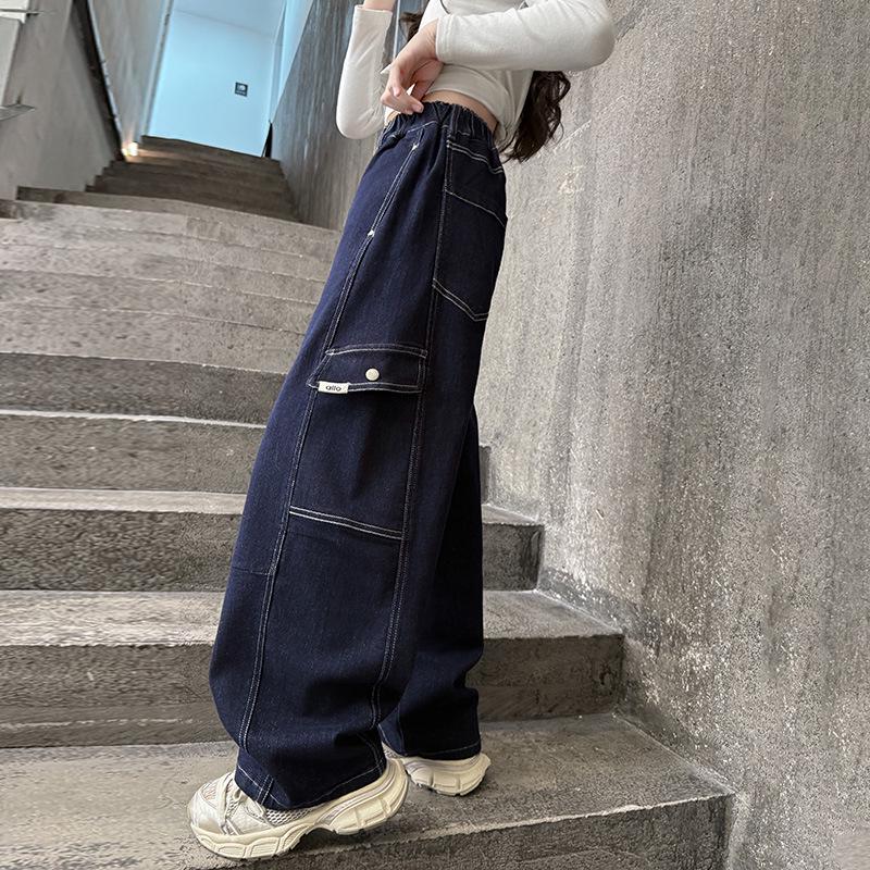 Dívčí podzimní ležérní cargo kalhoty - Džínové kalhoty s širokými nohavicemi pro děti