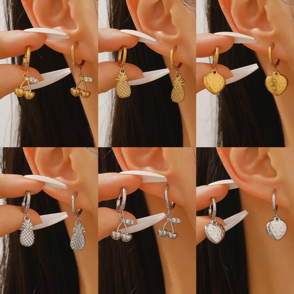 Temperament Sweet Inlay Zircon Gold Color Cherry Strawberry Pineapple Pendant Hoop Earrings for Women Stainless Steel Jewelry