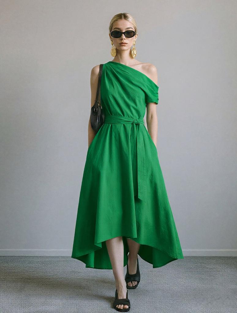 New Summer/Fall Collection Elegant Off-the-Shoulder Waist-Cinched Tie-Front Dress with Asymmetrical Hem for Women