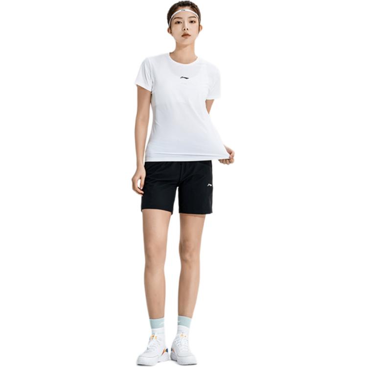 Li Ning Lightweight Soft Breathable Fitted Waist Sports Short Sleeve Solid Color Versatile Quick-Dry Shorts Casual Set Women Sets ATSV616-3+AKSUA22-1