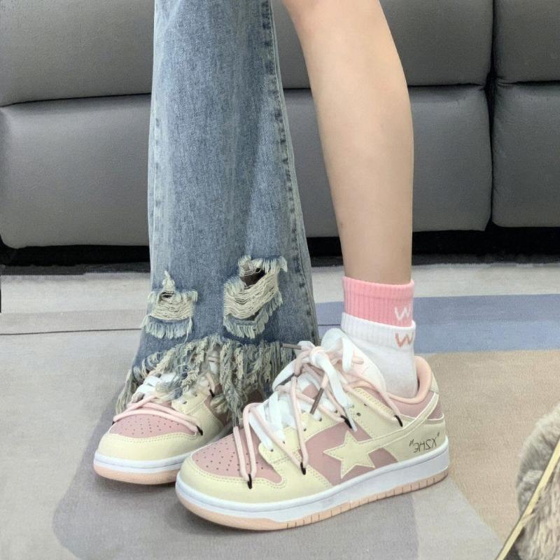 Fashion New 2024 Fashion Women's Sneakers Women's Vulcanized Shoes Pink Cute Fashion Women's Shoes Lace Up Skateboard Shoes Casual
