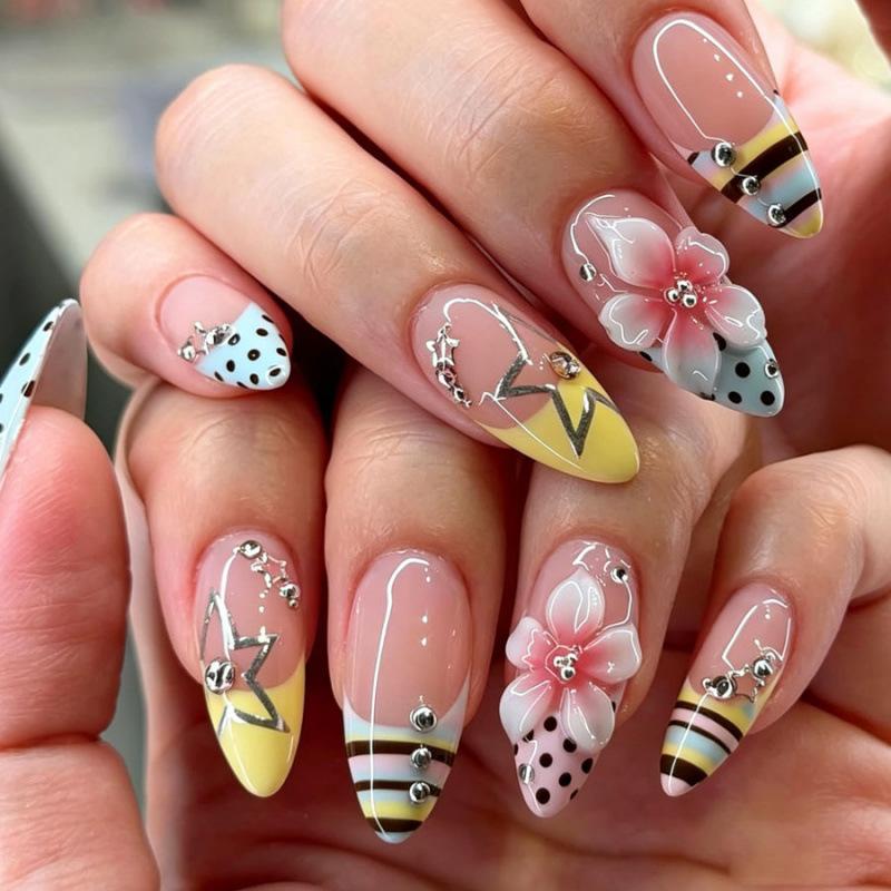 24PCS Retro Colorful Stripes Almond False Nails Pink Polka Dots Sweet French with 3D Flowers Fake Nails Wearable Nails Press On