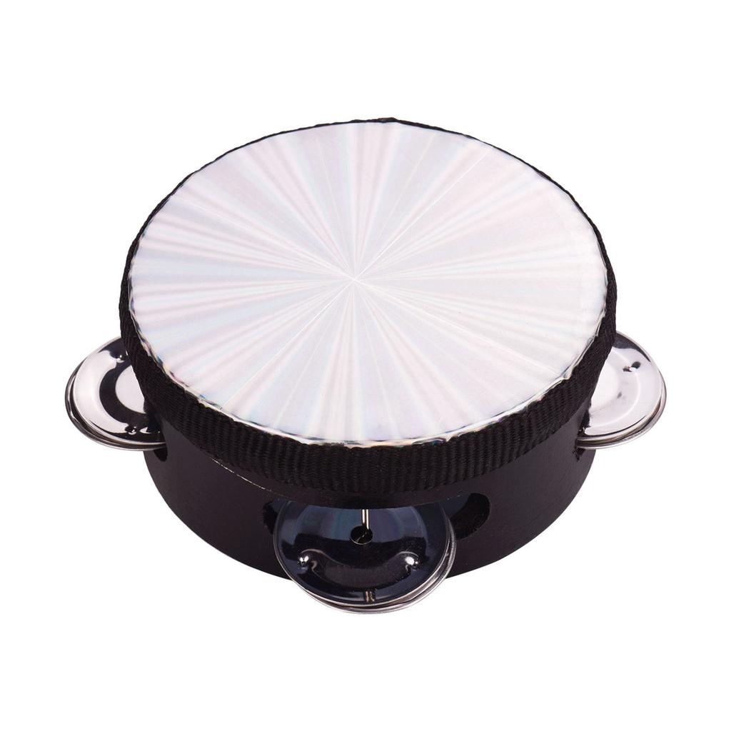 4 Inch Wooden Radiant Tambourine Handbell Hand Drum with Single Row Jingles Reflective Drum Head Percussion Instrument