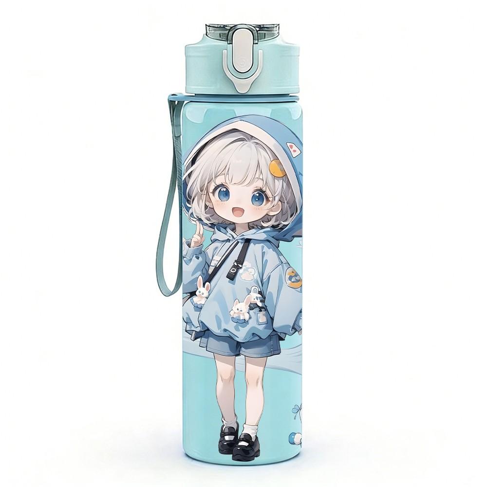 1PC Light Blue Hood Girl Snow Scene Pattern 750ml Color Plastic Sports Water Bottle Leakproof Flip Straw Lid Suitable for Sports Office Home Use