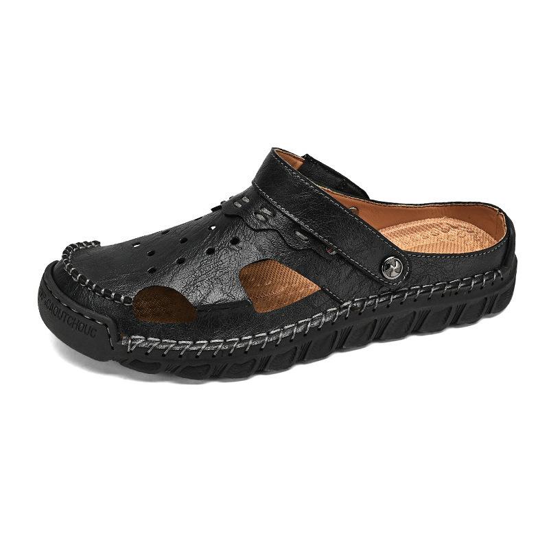 

Summer leather sandals men s bag head breathable cool slippers large size new men s shoes youth outdoor dual-purpose driving beach shoes 44 чорний