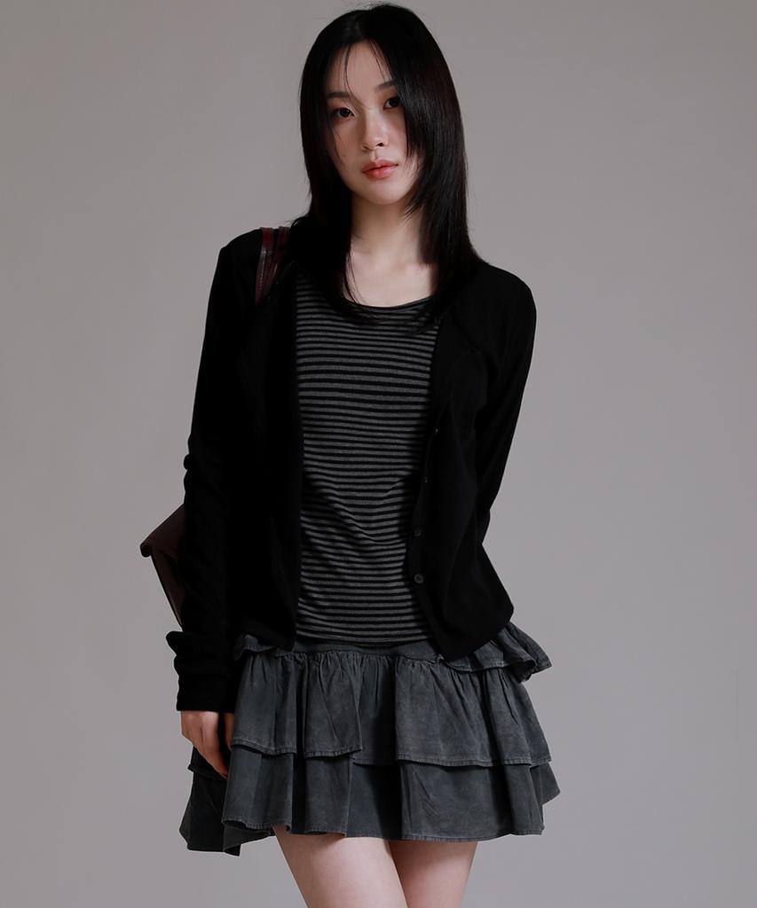 LIKE THE MOST Striped Inner Layered Cardigan T-Shirt_Black