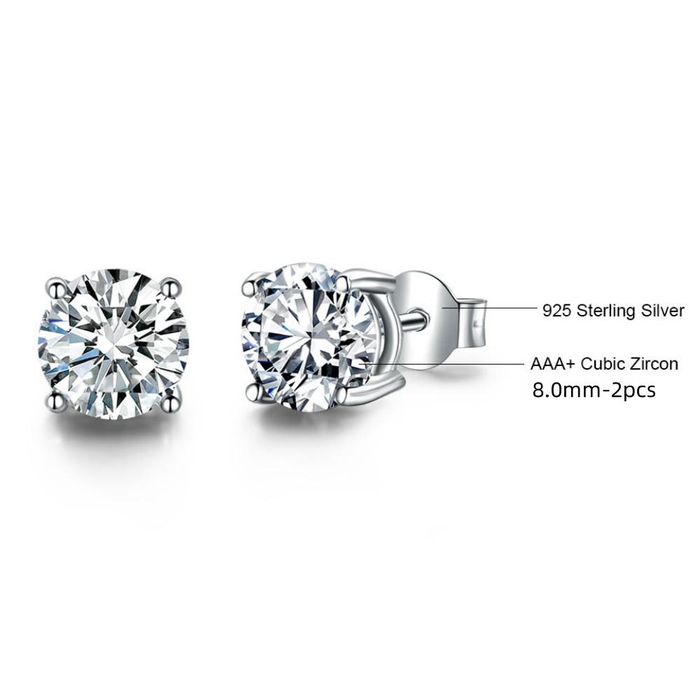 White Cubic Zirconia 8MM Stud Earrings 925 Sterling Silver Women Earrings Fashion Jewelry