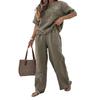 Women's Cotton Linen Two-Piece Outfit Short Sleeve Crew Neck Top And Wide Leg Pants Set Floral Embroidery Casual Lounge Tracksuit