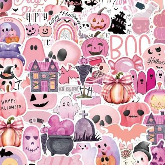 50 pieces cute pink Halloween sticker set decoration stickers waterproof decals ghost pumpkin bat pack girls decorating mobile phones guitars cars