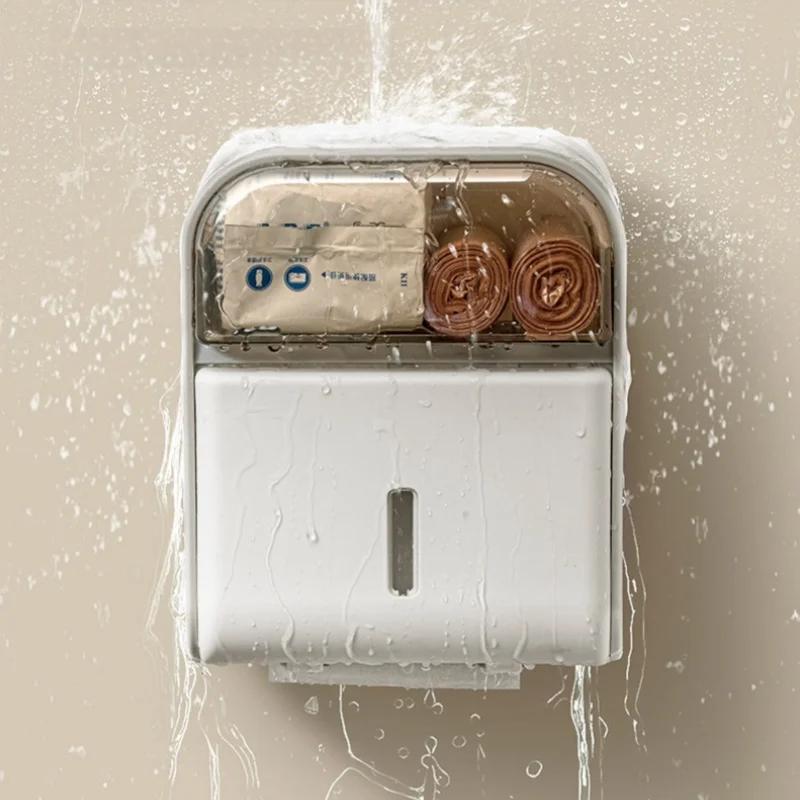 Wall-Mounted Waterproof Toilet Paper Holder & Tissue Dispenser No Drill Needed Tissue Box Space-Saving Bathroom Storage for Roll