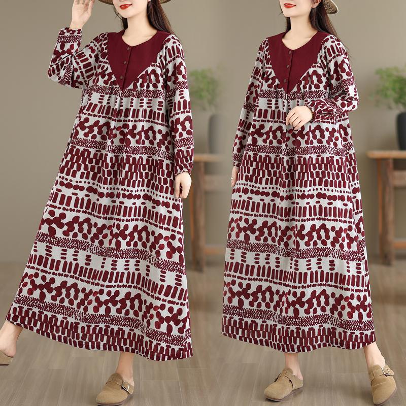 

DIMANAF Женское платье больших размеров Осень 2025 с длинным рукавом, цветочное, свободное, повседневное, оверсайз, макси, винтажное платье из хлопка и льна one size красный