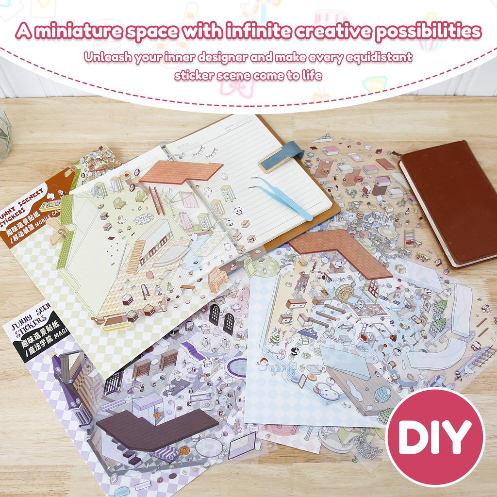 Livro de Adesivos de Cenário de Papel com 4 Peças Alívio do Estresse Cena de Adesivos 3D Estimular a Imaginação Livro de Paisagismo Miniatura 3D para Crianças