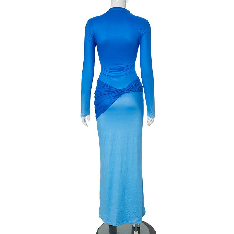 Women's Fall Temperament Long Sleeve Twisted Shrink Pleated Gradient Slim High Waist Long Dress