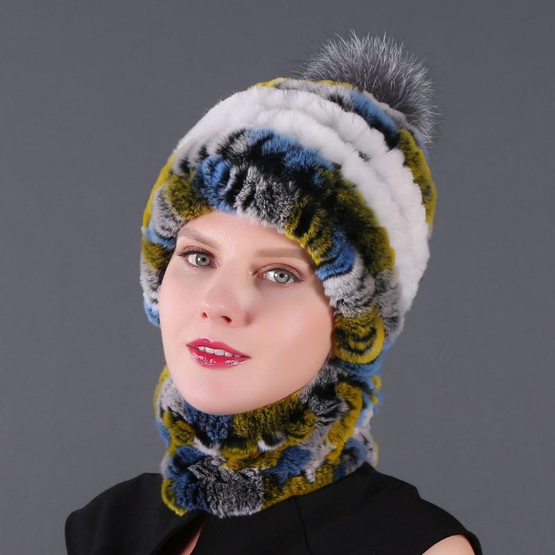 New hat scarf winter thickened thermal hat Rex rabbit fur grass Rex rabbit fur scarf two-piece set