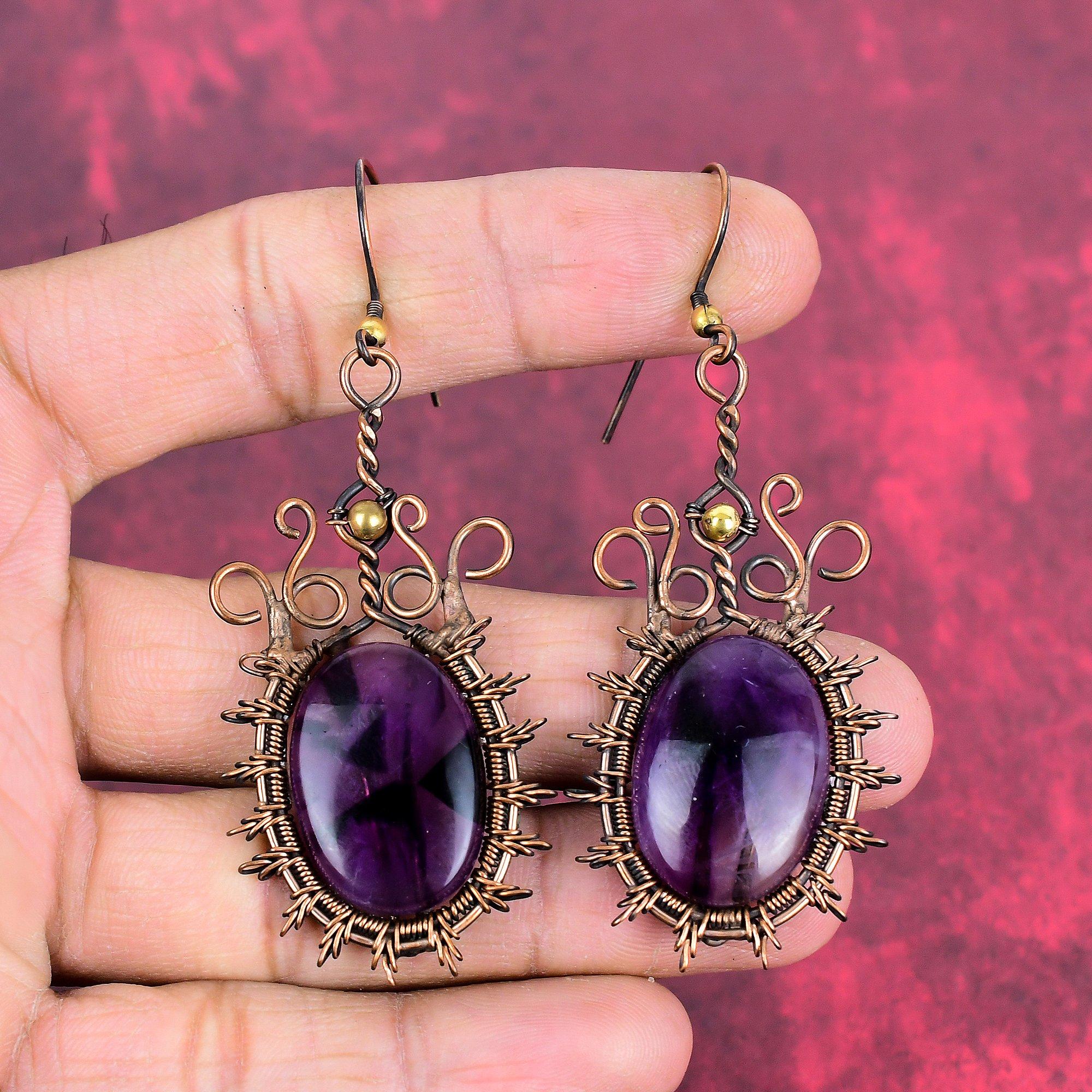 Star amethyst earrings copper wire wrapped earring handmade earring gemstone copper jewelry unique earring gift for mom wire weaving jewelry