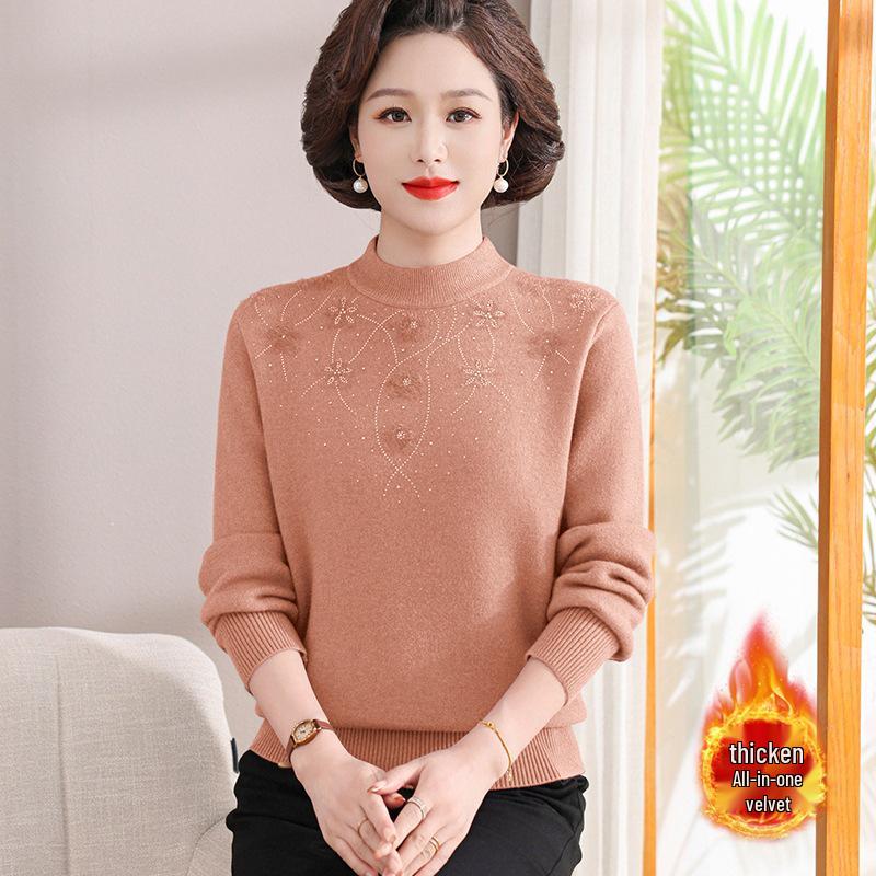 Mom's Velvet One-Piece Winter Base Layer Top for Middle-Aged & Elderly Women - Warm, Plus Velvet, Thick Knit