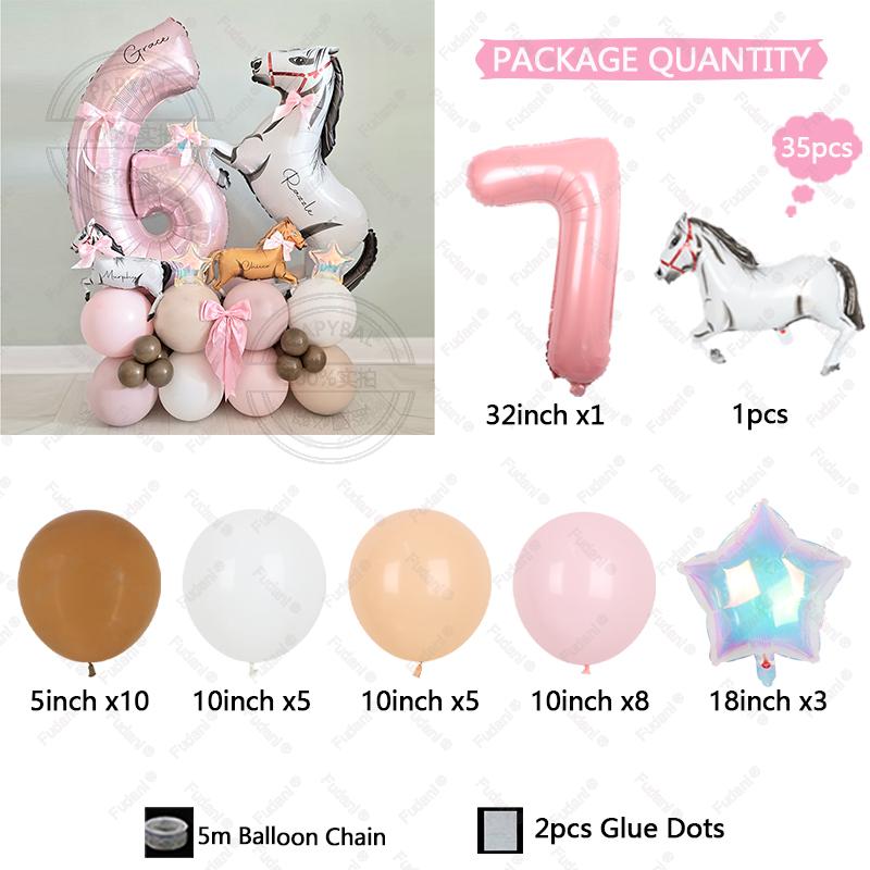 

35pcs Horse Farm Party Themed Balloon Kit with 32inch Large Pink Number Baloons Western Cowgirl 1-9 Years Birthday Party Supplie As The Picture