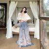 French Design Pure Lace Splicing Top Women's Summer Retro Printing Vacation Skirt Set