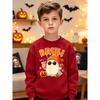 European sizes Halloween Boys Graphic Crewneck Sweatshirt Cute Beanie Glasses Print Long Sleeve Pullover Funny Bruh Text Top Kids Fall Gift