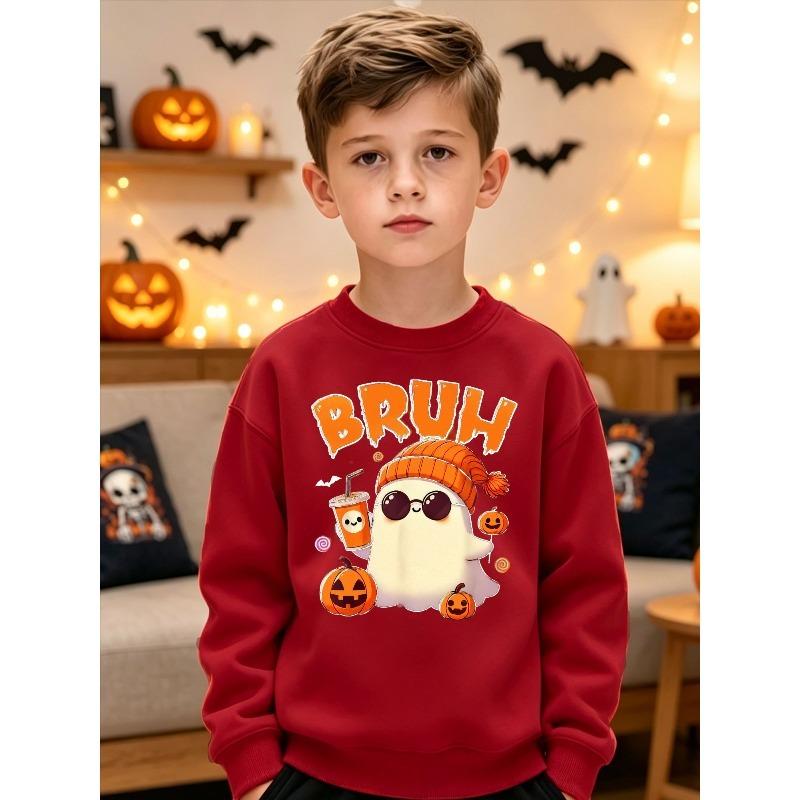 European sizes Halloween Boys Graphic Crewneck Sweatshirt Cute Beanie Glasses Print Long Sleeve Pullover Funny Bruh Text Top Kids Fall Gift