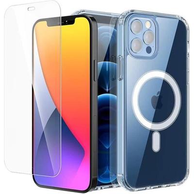Schutzhülle - E.F.CONNECTION - für iPhone 13 Pro - Transparent - Magnetischer Ring - 2 gehärtete Gläser