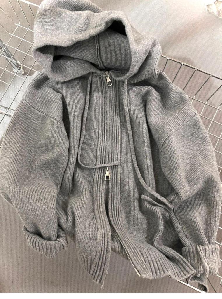 Women's Loose Hooded Knit Cardigan - Thick, Soft Double Zipper Jacket for Spring/Autumn