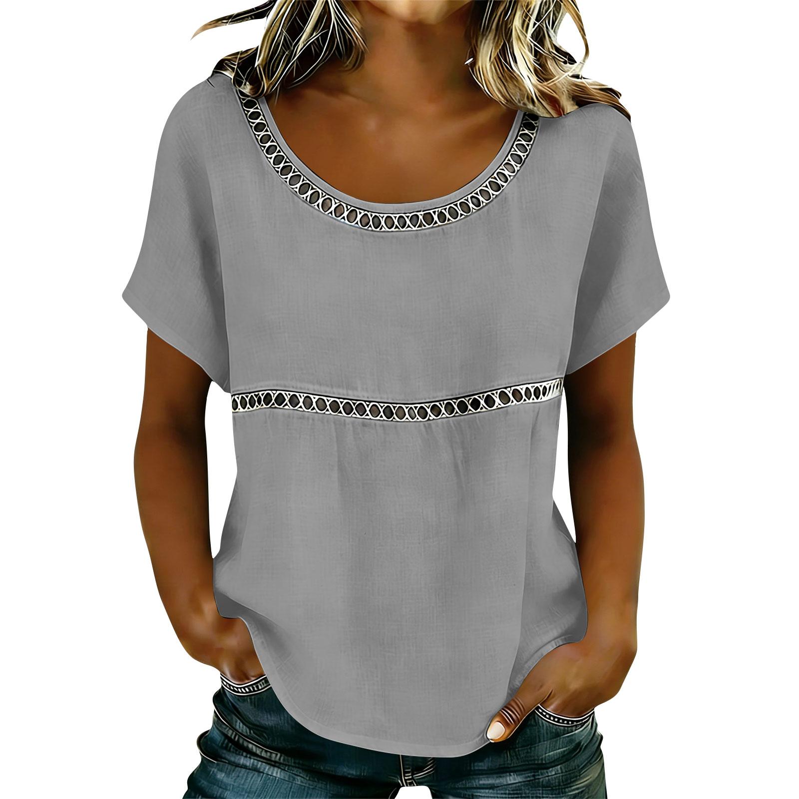 

Women’s Short Sleeve Loose Fit Blouse with Scoop Neck and Geometric Pattern Trim Casual Top for Everyday Wear S