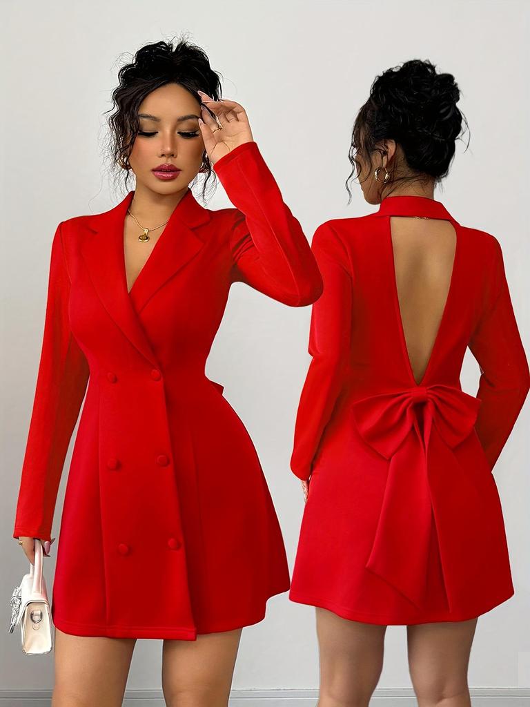 Women's Double-Breasted V-Neck Bow Long Sleeve Short Dress