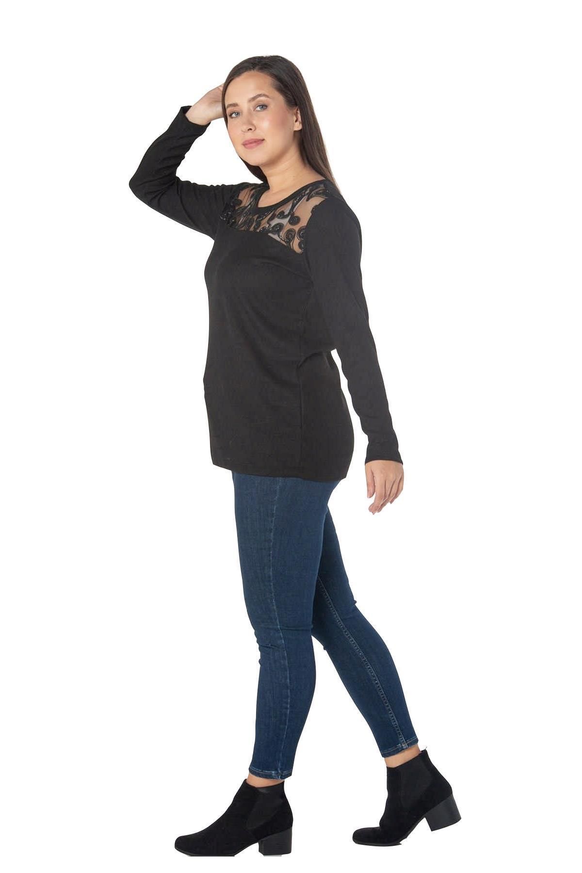 

Женская блузка большого размера Fierte Блузка большого размера Rg6904 Круглый воротник с кружевной отделкой Трикотаж с длинным рукавом Черный