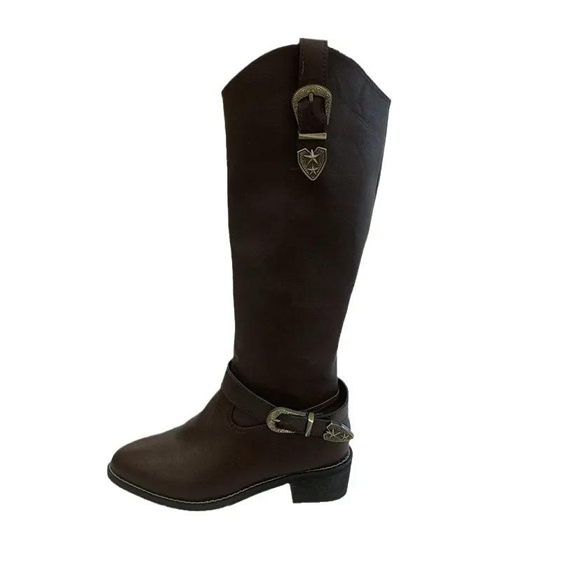 Klamra Paska Gruby Obcas Westerny Długie Kozaki 2024 Styl Brytyjski Szpiczasty Nosek Średni Obcas Kozaki Rycerskie Modne Wszechstronne Damskie Buty