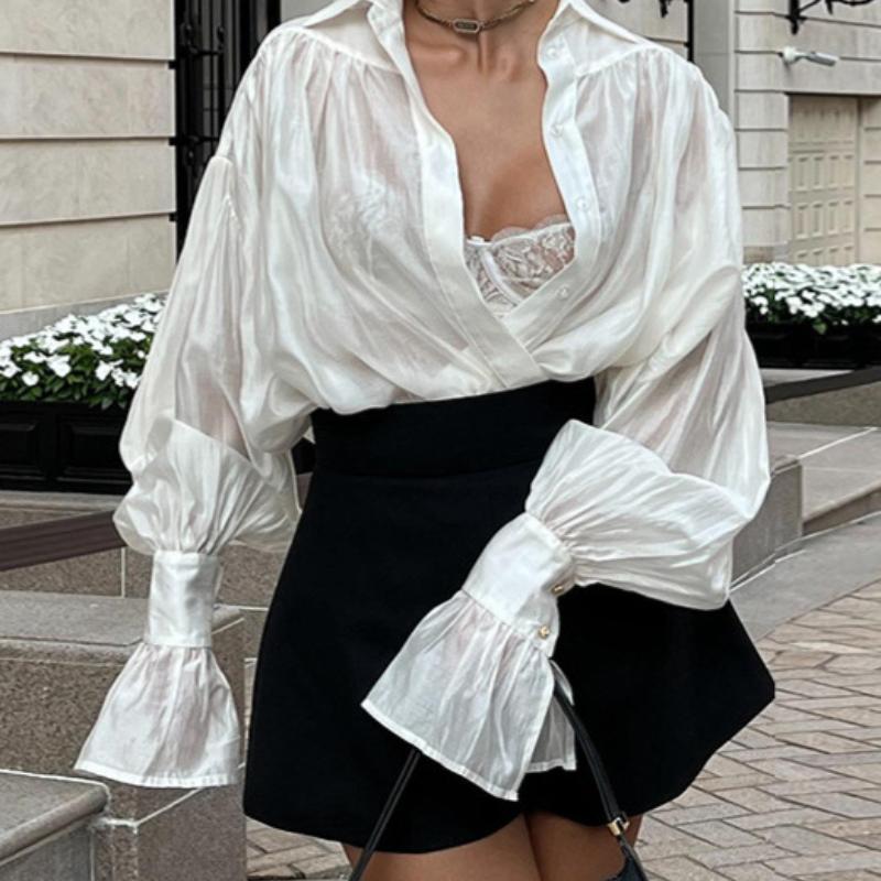 Spring High-End French Style Top Sexy Sheer Solid Color Women's Shirt Blouse Unique Elegant Lightweight