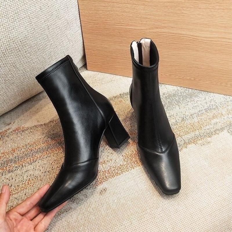 New Style Shoes for Women Ankle Boots for Women Side Zipper Stretch Middle Heel Plus Size Short Boots Fashion Pointed Shoes