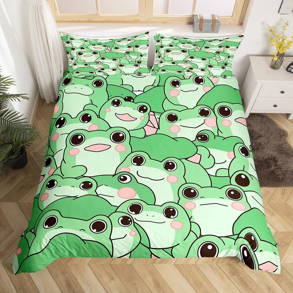 Kawaii Frog Dynetrekk King Queen Tegneserie Dyretema Sengesett Funny Wildlife Dynetrekk Barn Soverom Mykt Dynetrekk