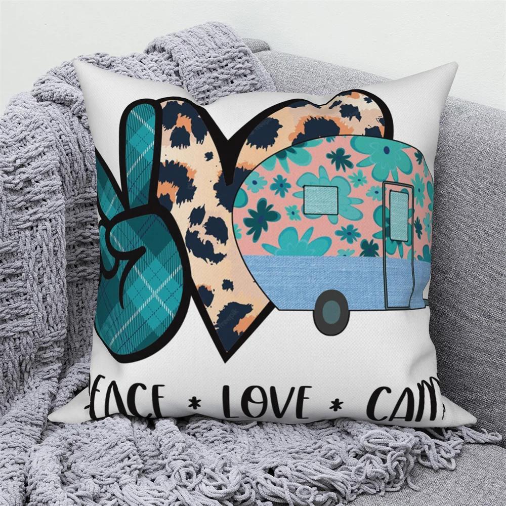 Decorative Cushion Covers Camping Bus Printed Pillow Home Sofa Throw