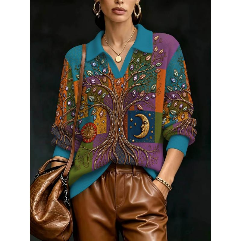 2026 New Women's Loose Printed Faux Wool Knitted Pullover Retro Sun Moon Stars Tree of Life Contrast Color Artistic Top