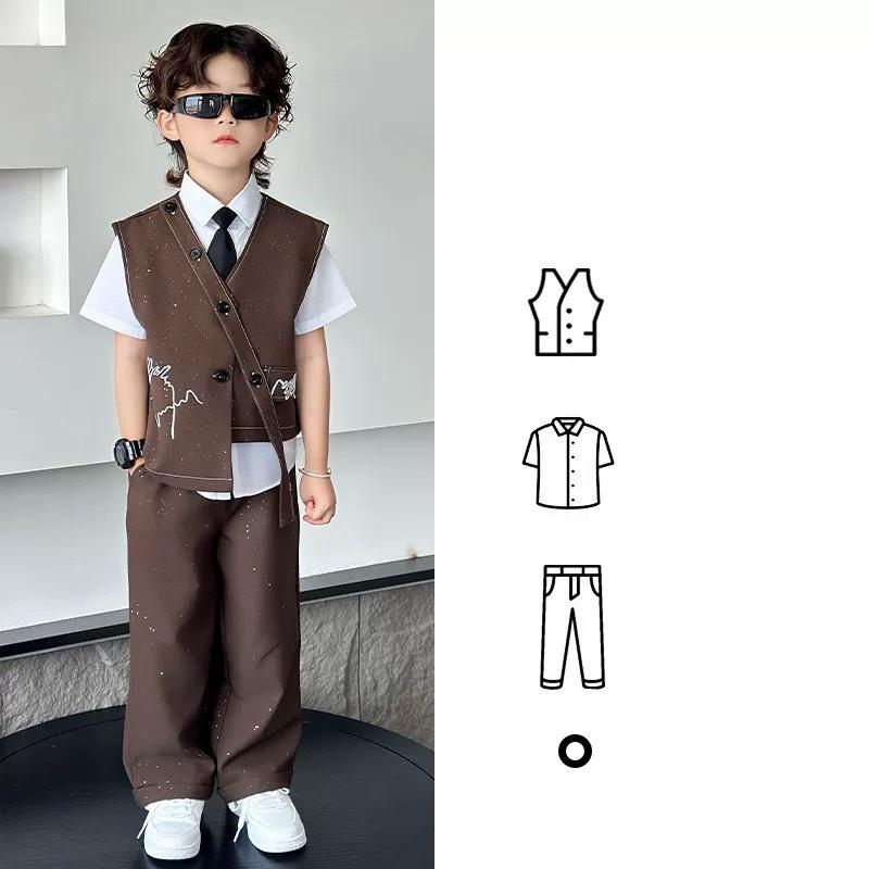 

4 PCS Set Spring Summer Boy Retro Stripes TShirt+Pants +Vest Kid Children Baby Gentleman Handsome Streetwear Party Clothes 150