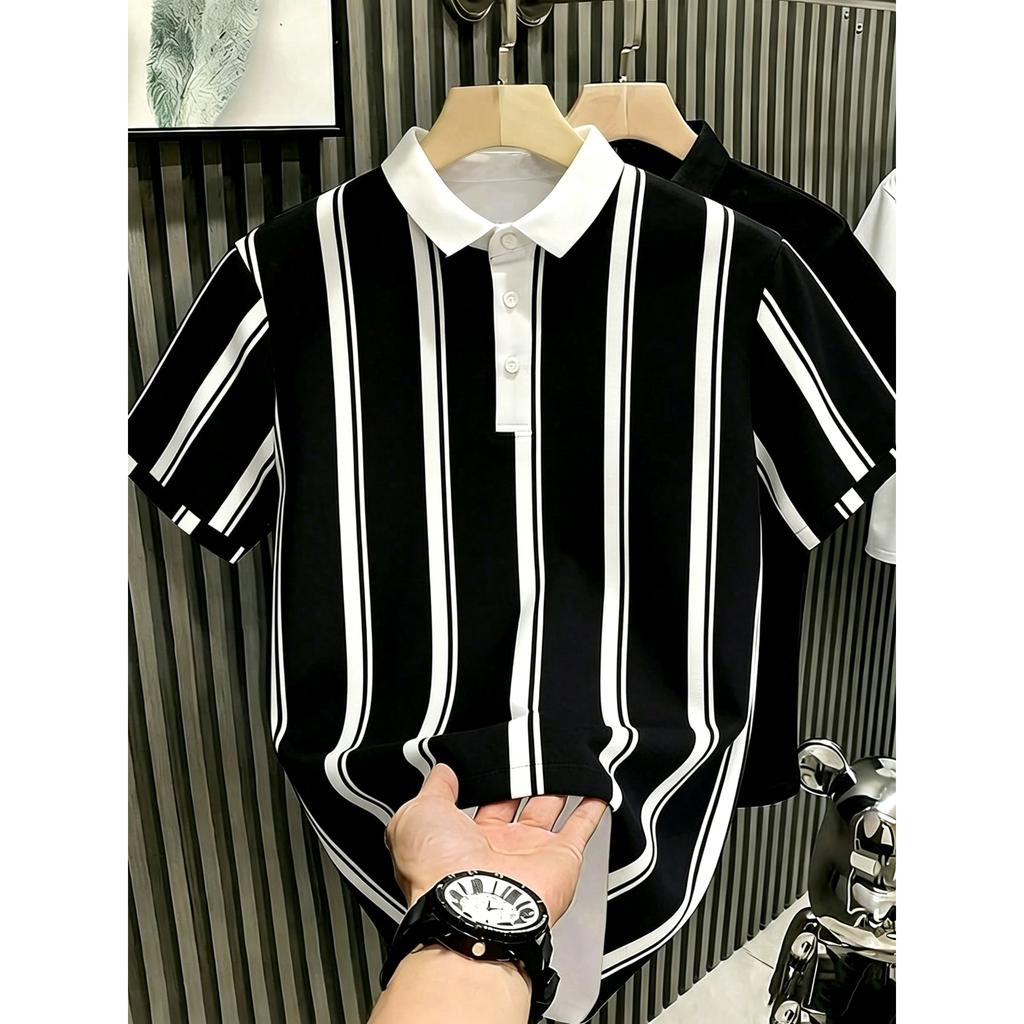 Stylish striped short-sleeve polo shirt, casual and versatile for daily wear.