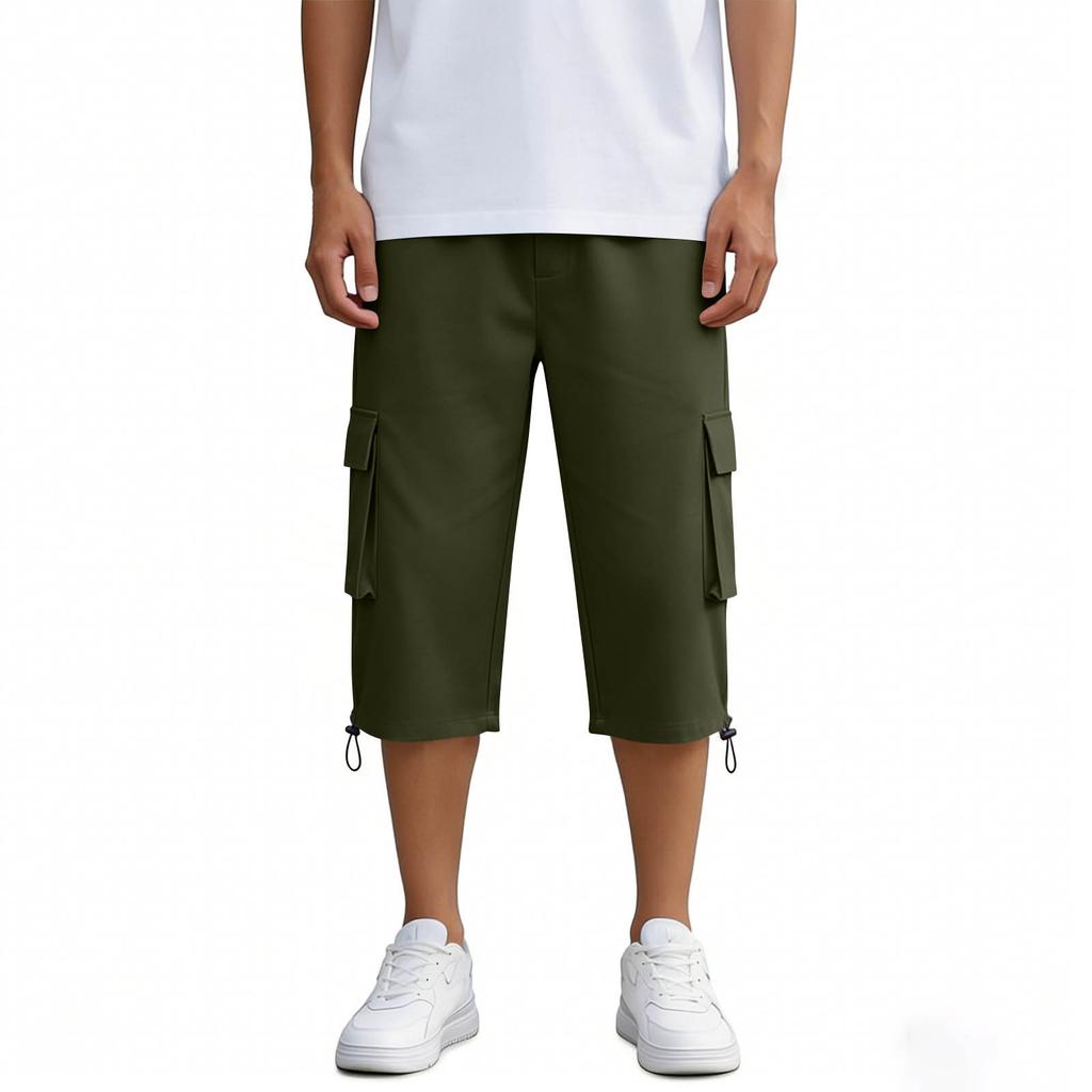 Men’s Casual 3/4 Length Cargo Shorts Elastic Waist Relaxed Fit Lightweight Multi Pocket Knee Length Pants