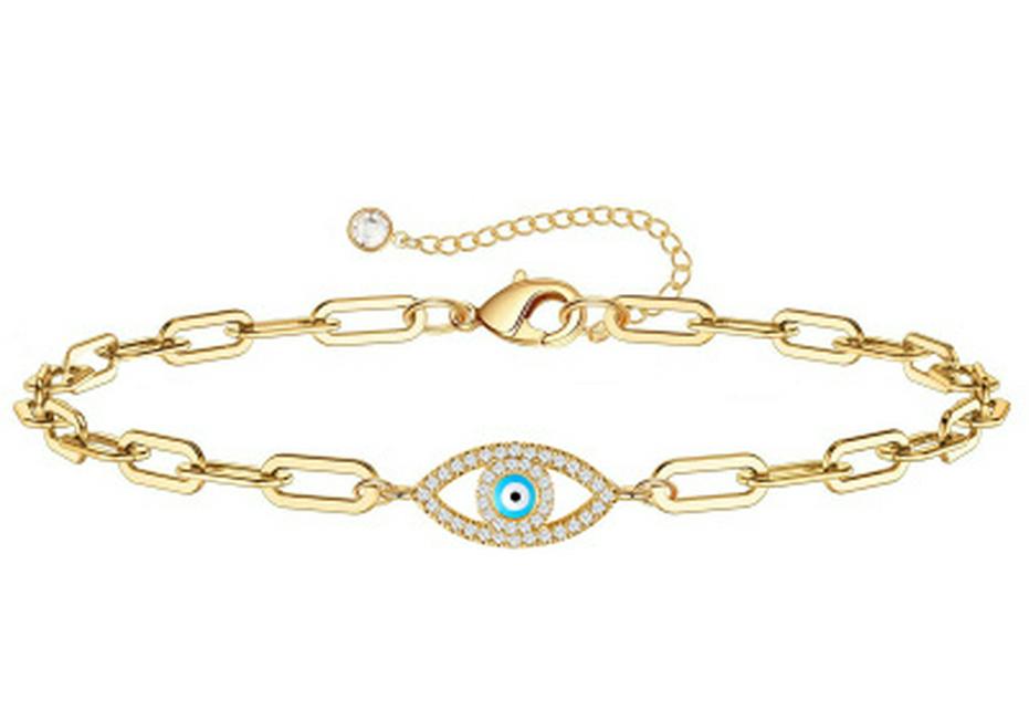 Stainless Steel Paperclip Chain Blue Evil Eye Bracelet with Micro-Set Zircon