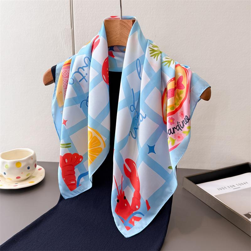 high-end feeling 70 small square cloth ocean print imitation silk scarf shawl neck scarf neck scarf scarf for women