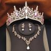 3 Pcs Princess Wedding Crown Jewelry Sets and Tiaras Green Pink Bride Necklace Earrings Set Girls Prom Birthday Accessory