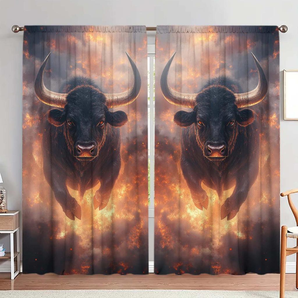 2pcs The Cow in The Firelight Semi Blackout Curtains   Distinctive Printed Curtains   Suitable for Gifting To Family and Friends