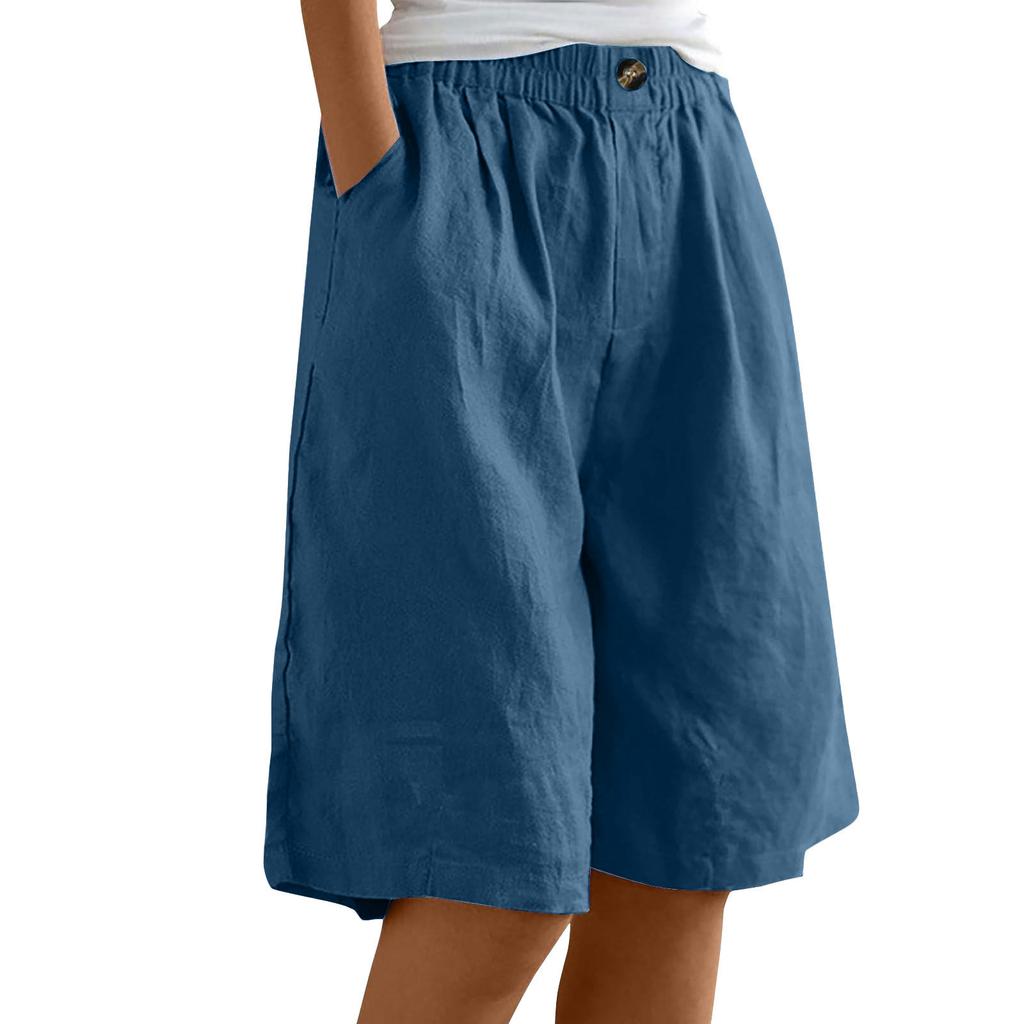 Women's High Waist Elastic Waistband Linen Bermuda Shorts Casual Loose Wide Leg Shorts With Side Pockets For Summer