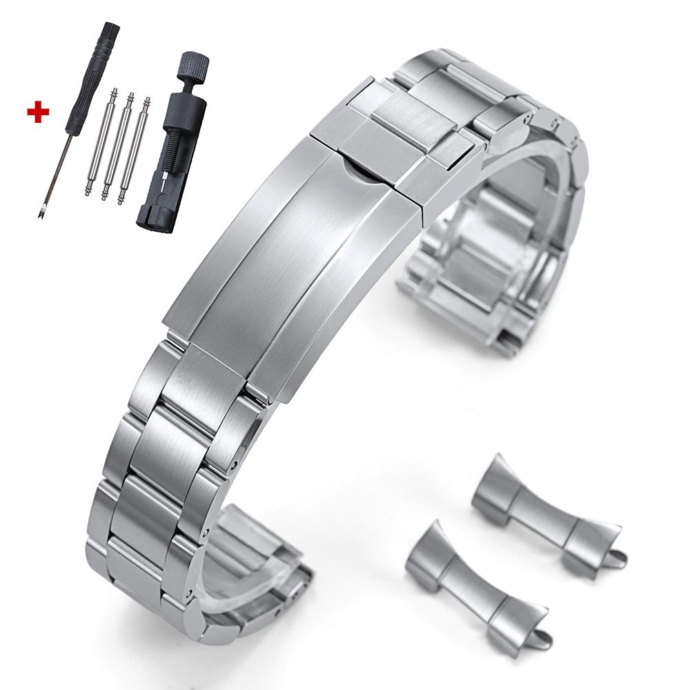 Luxury Solid Stainless Steel Watch Band 20mm Curved Flat Strap Silver Gold Black Bracelets Folding Buckle Wristband for Rolex