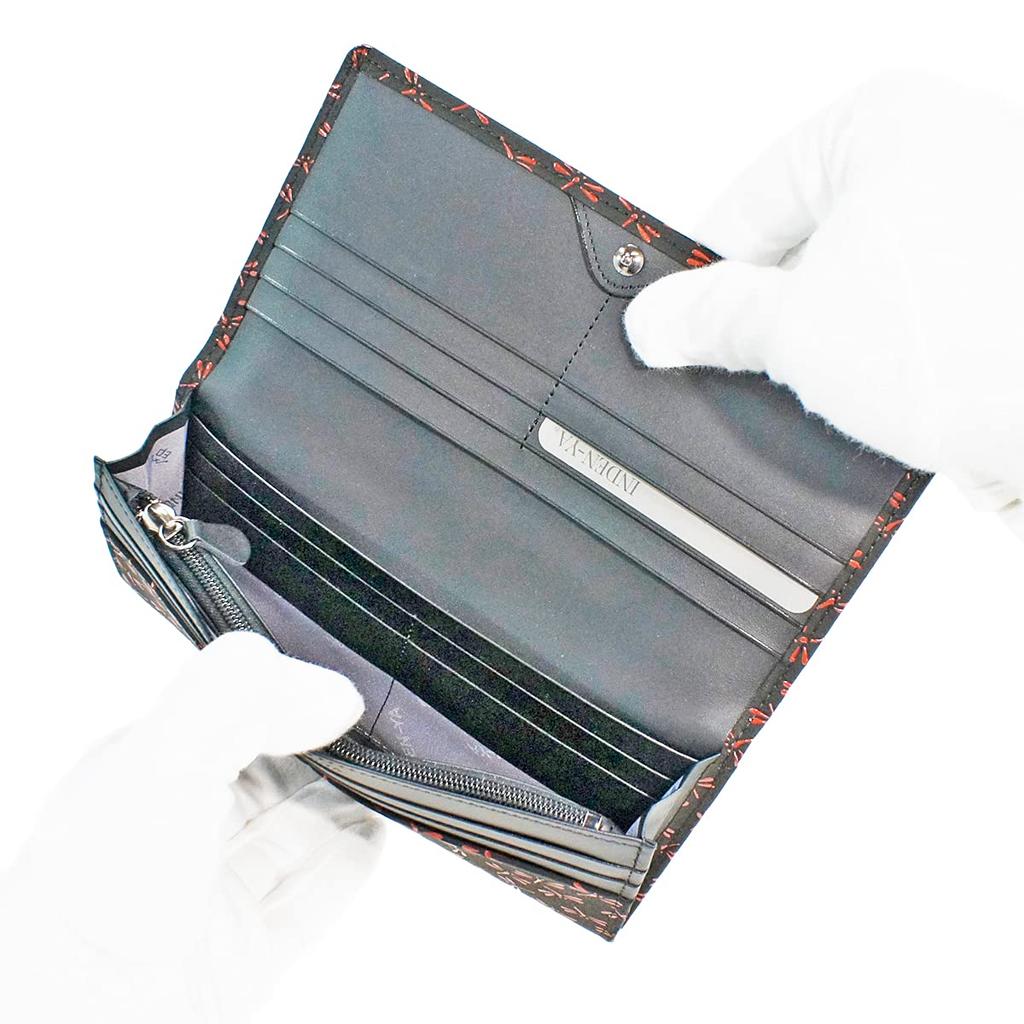 Inden Long Wallet Bundle Q with Coin Purse Deerskin Black X Red Lacquer Dragonfly Pattern [Indenya] 2308-21-008