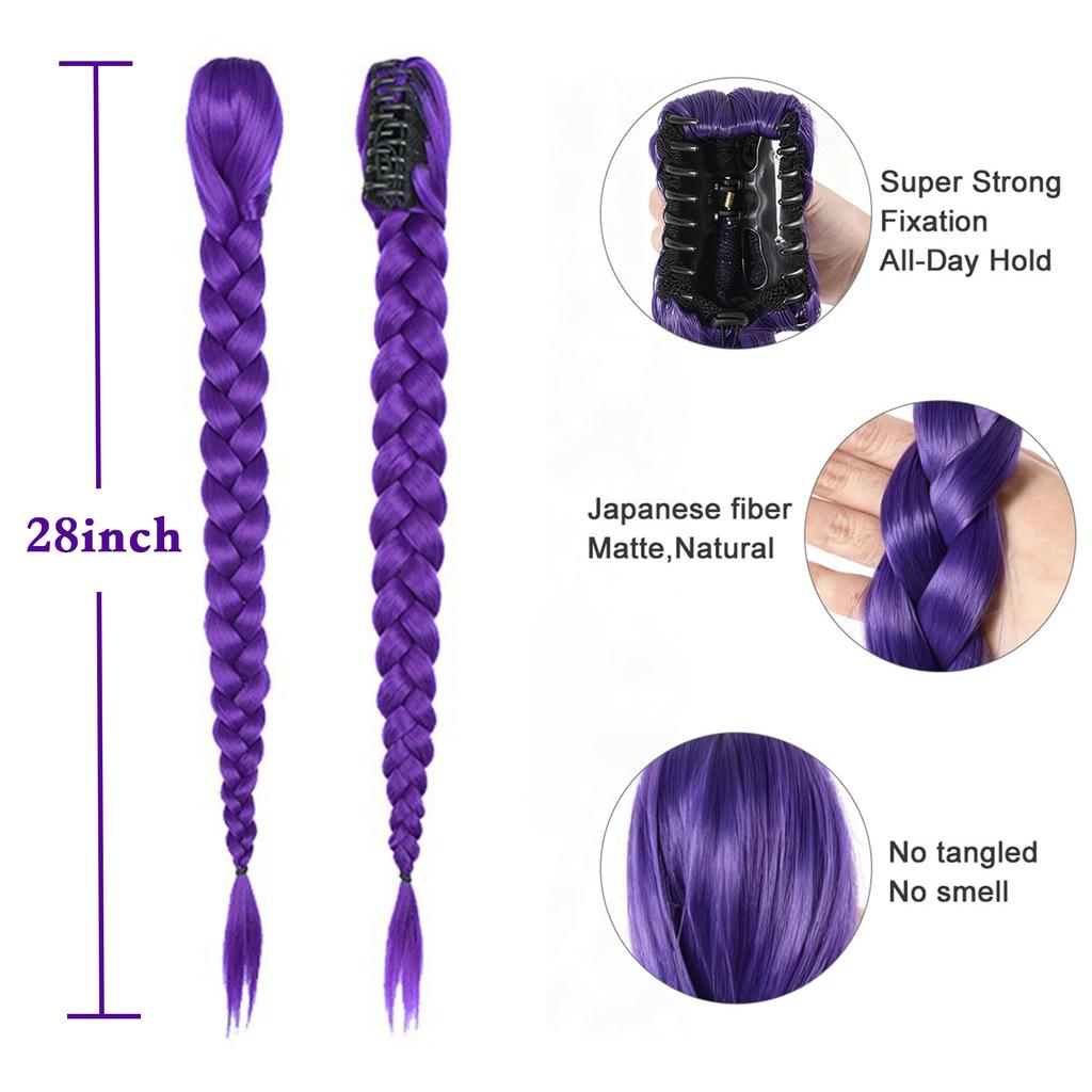 Lila 26 Zoll Zopf Clip-in Pferdeschwanz Haarverlängerung Langer Pferdeschwanz Haarteile Cosplay für Kinder Mädchen Halloween Weihnachten
