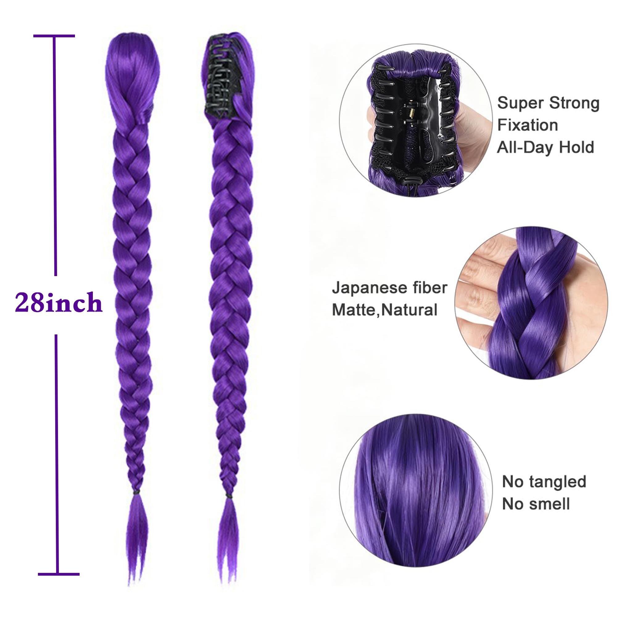Rumi Paarse Vlechten Cosplay Haarverlengingen 26 Inch Synthetisch Vlecht Haar Eenvoudig Clip-in Paardenstaart voor Cosplay Halloween Kostuum purple