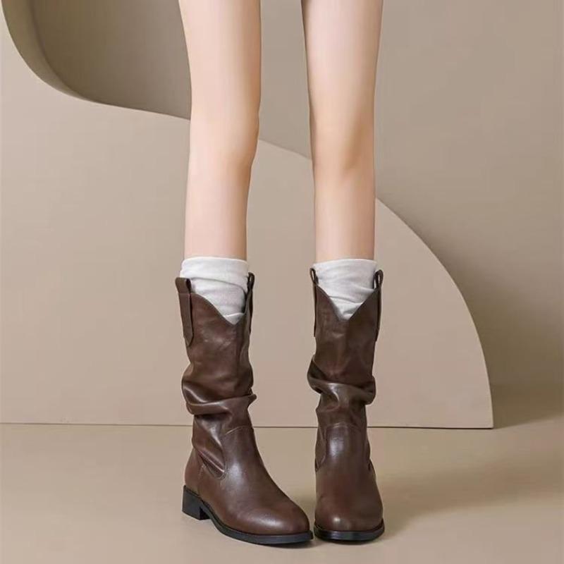 Versatile Martin boots retro western boots women's new autumn pleated stacking tube knight women's single boots