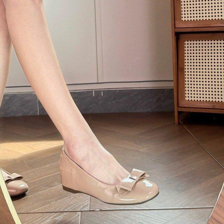 French gentle wind bow flat single shoes women's new nude light mouth round head ballet grandma shoes evening shoes
