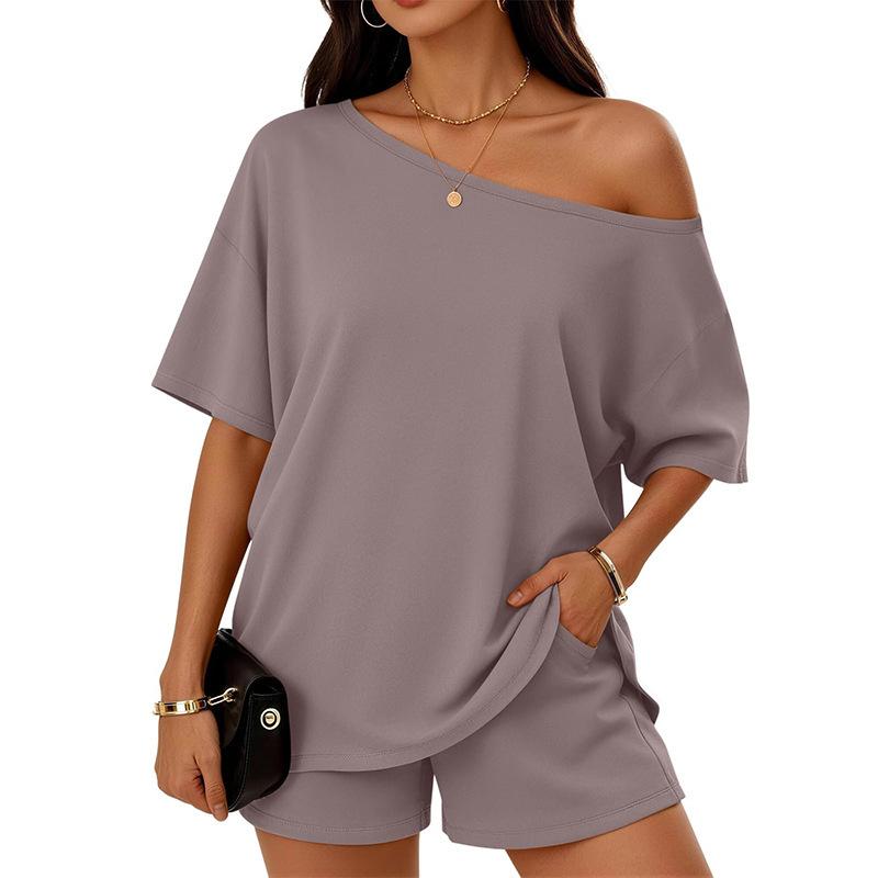 Women's Two Piece Outfits Off Shoulder Loose and Shorts Set with Pockets